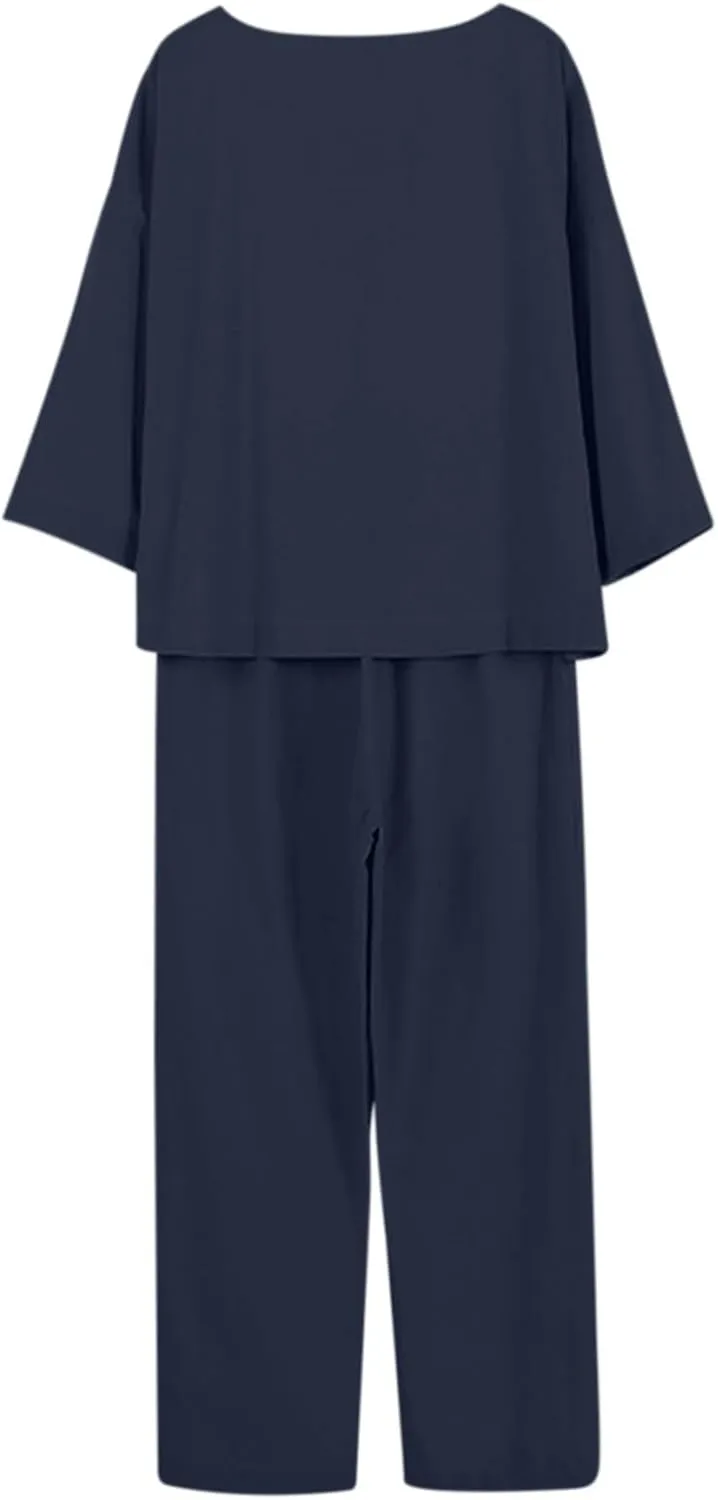 Linen 2 Piece Sets for Women Summer 2025 Causl Long Sleeve Shirts Wide Leg Pant Matching Set Womens Outfits
