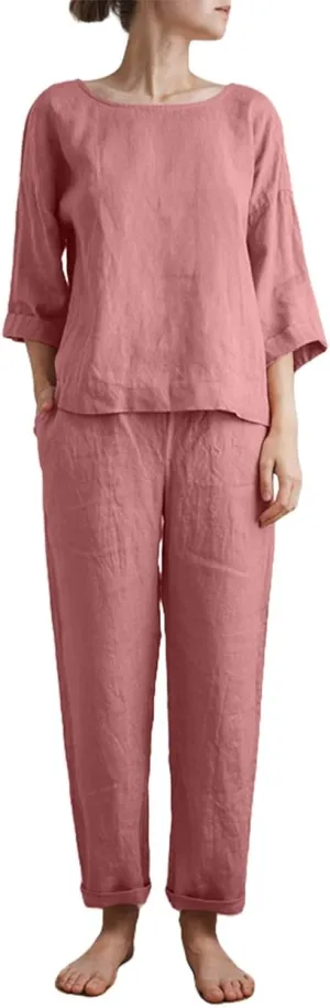 Linen 2 Piece Sets for Women Summer 2025 Causl Long Sleeve Shirts Wide Leg Pant Matching Set Womens Outfits