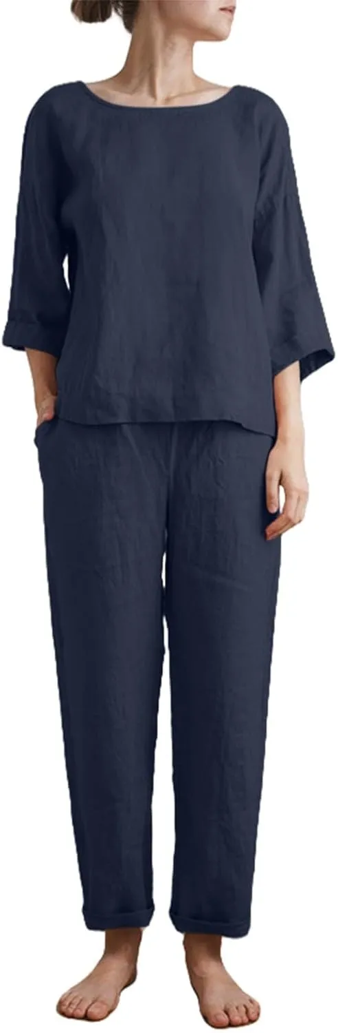 Linen 2 Piece Sets for Women Summer 2025 Causl Long Sleeve Shirts Wide Leg Pant Matching Set Womens Outfits
