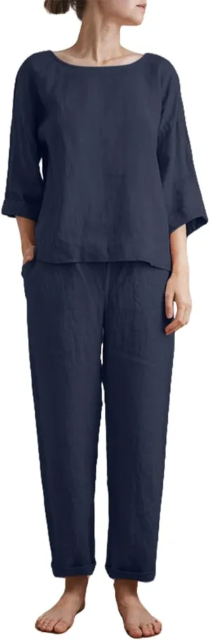 Linen 2 Piece Sets for Women Summer 2025 Causl Long Sleeve Shirts Wide Leg Pant Matching Set Womens Outfits