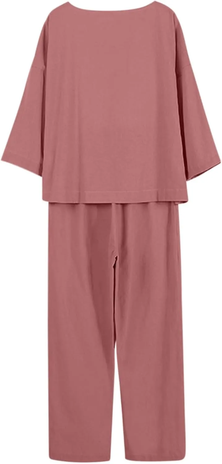 Linen 2 Piece Sets for Women Summer 2025 Causl Long Sleeve Shirts Wide Leg Pant Matching Set Womens Outfits