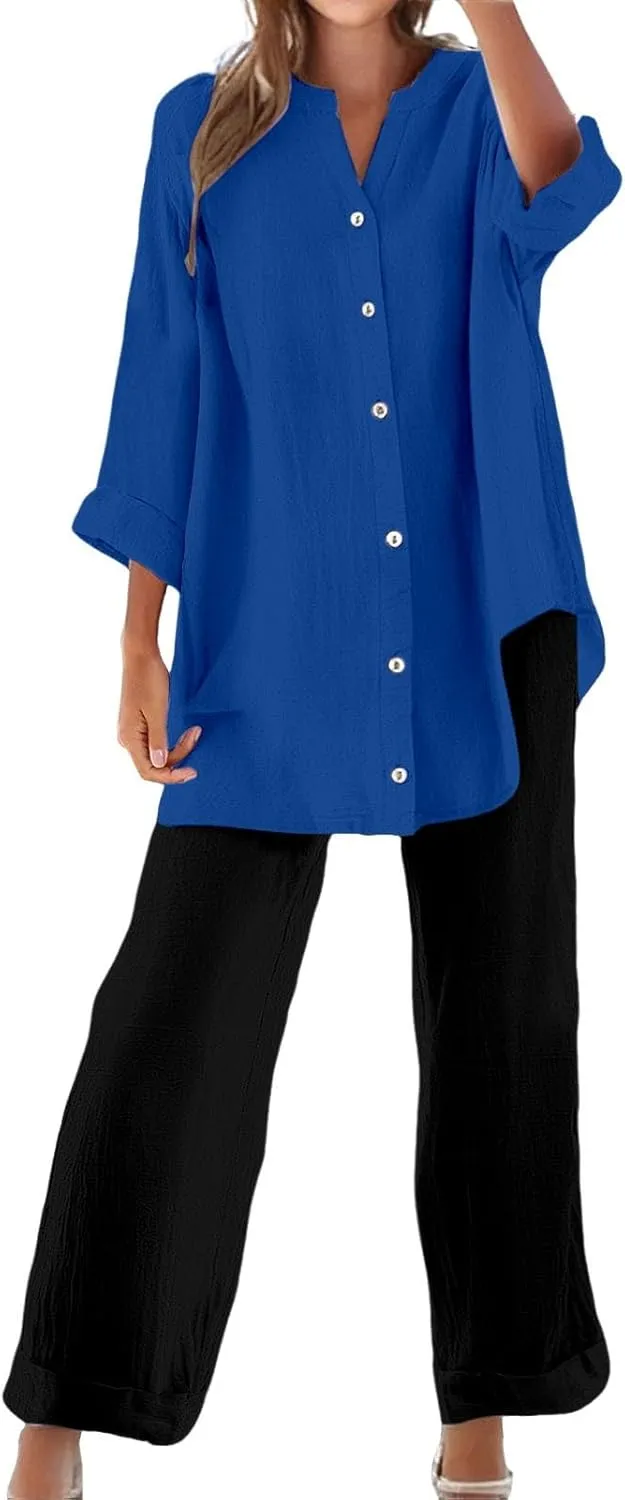 Linen Sets for Women 2 Piece Long Sleeve Button Down Top & Wide Leg Pants Sweatsuit Set Linen Pant Suits for Women