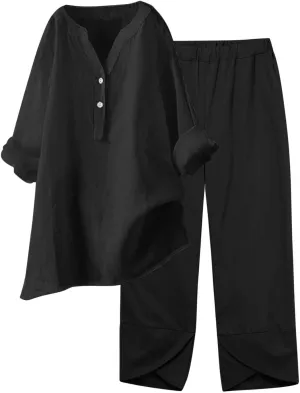 Linen Sets for Women 2 Piece Long Sleeve Button Down Top & Wide Leg Pants Sweatsuit Set Linen Pant Suits for Women
