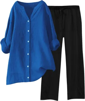 Linen Sets for Women 2 Piece Long Sleeve Button Down Top & Wide Leg Pants Sweatsuit Set Linen Pant Suits for Women