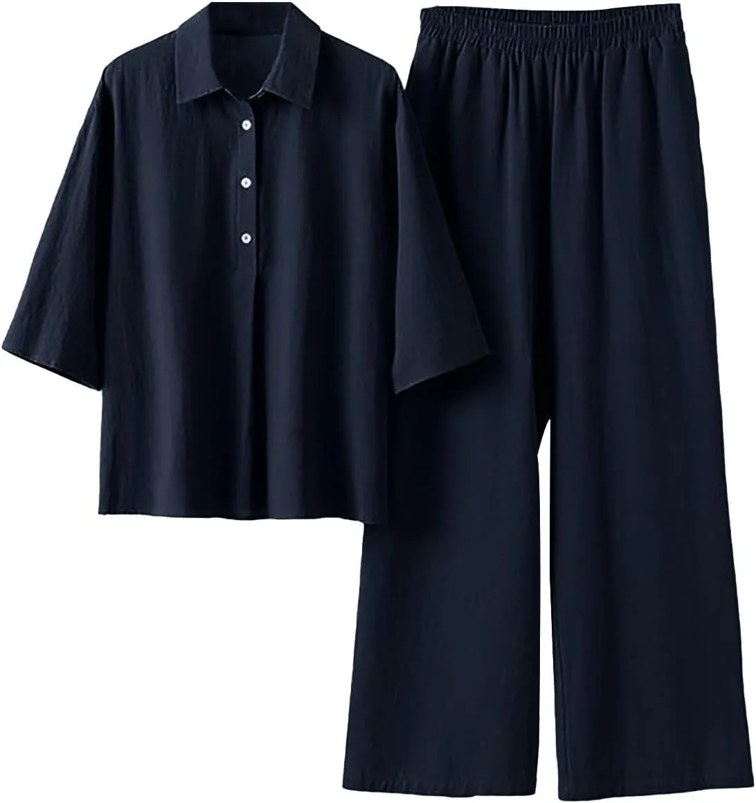 Linen Sets for Women 2 Piece Long Sleeve Button Down Top & Wide Leg Pants Sweatsuit Set Linen Pant Suits for Women