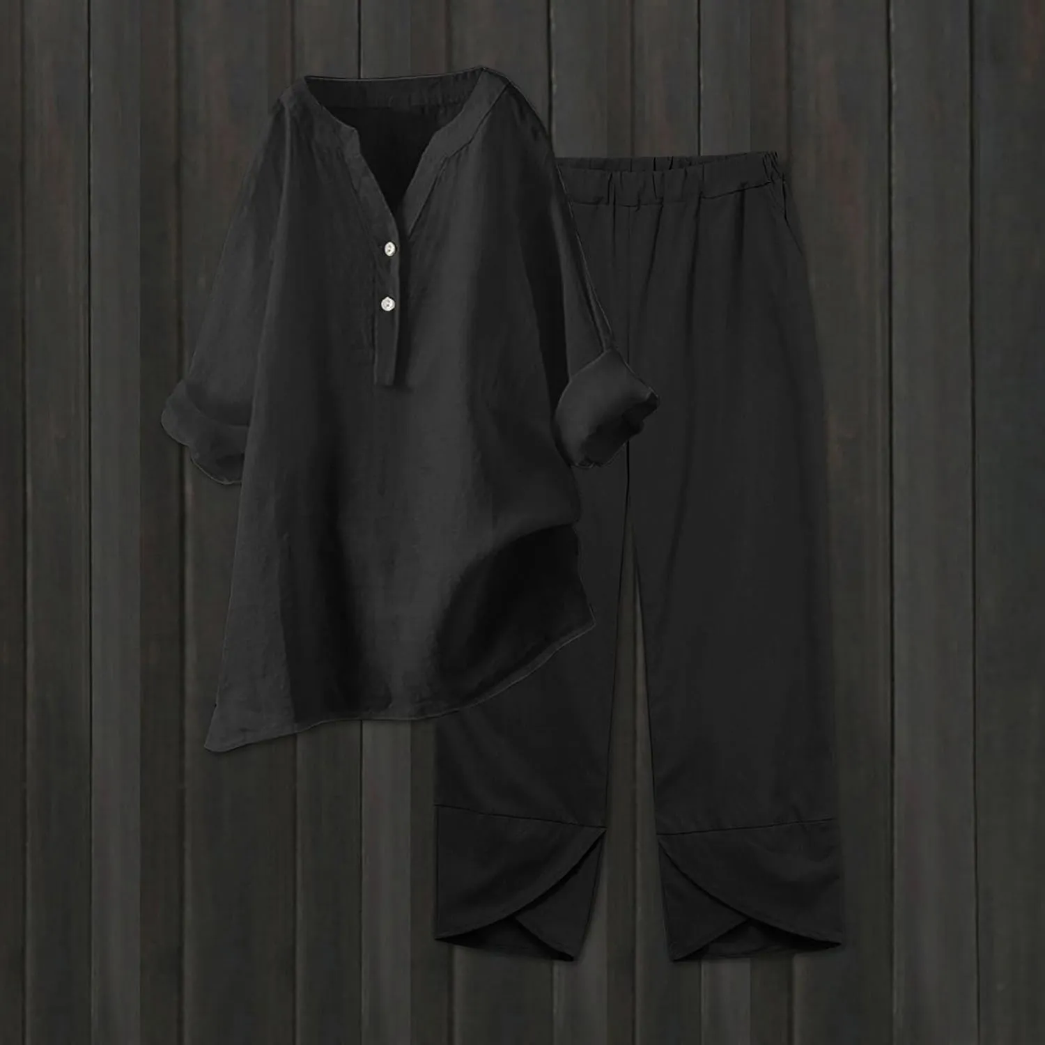Linen Sets for Women 2 Piece Long Sleeve Button Down Top & Wide Leg Pants Sweatsuit Set Linen Pant Suits for Women