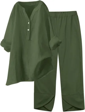 Linen Sets for Women 2 Piece Long Sleeve Button Down Top & Wide Leg Pants Sweatsuit Set Linen Pant Suits for Women