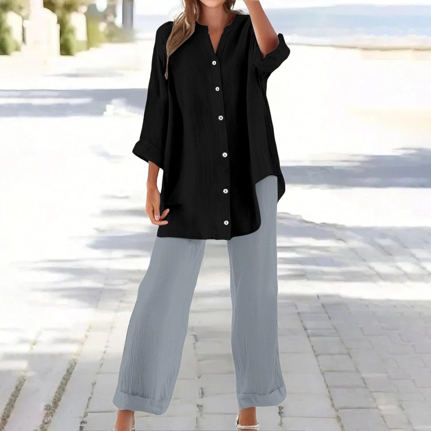 Linen Sets for Women 2 Piece Long Sleeve Button Down Top & Wide Leg Pants Sweatsuit Set Linen Pant Suits for Women