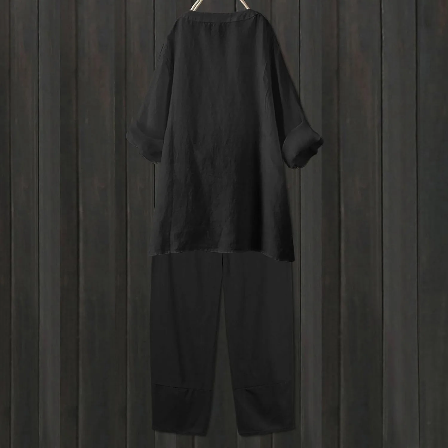 Linen Sets for Women 2 Piece Long Sleeve Button Down Top & Wide Leg Pants Sweatsuit Set Linen Pant Suits for Women