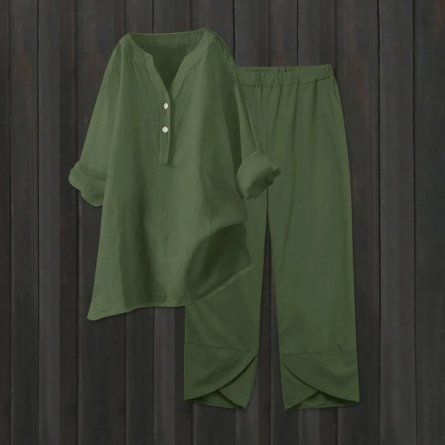 Linen Sets for Women 2 Piece Long Sleeve Button Down Top & Wide Leg Pants Sweatsuit Set Linen Pant Suits for Women