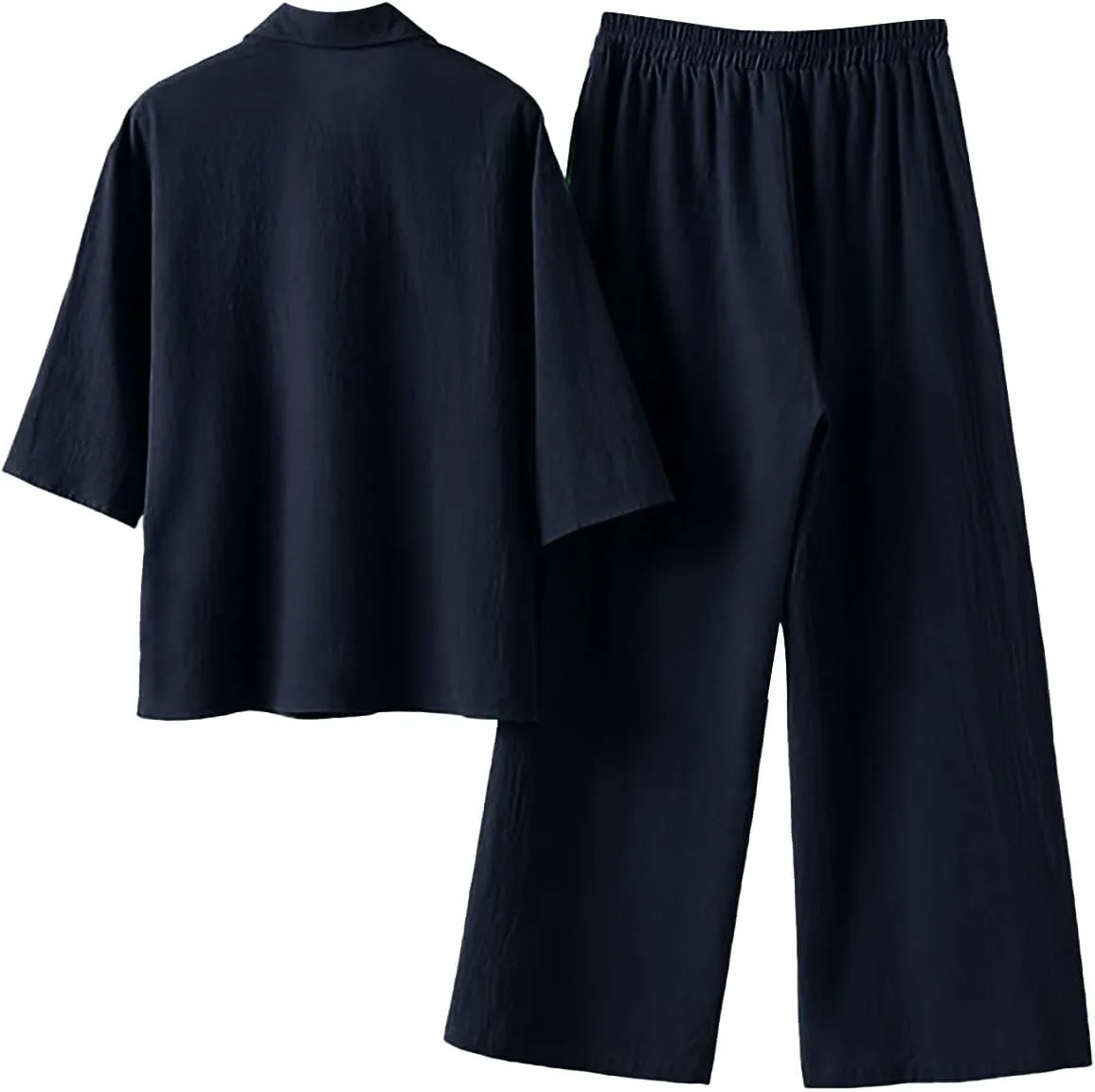 Linen Sets for Women 2 Piece Long Sleeve Button Down Top & Wide Leg Pants Sweatsuit Set Linen Pant Suits for Women