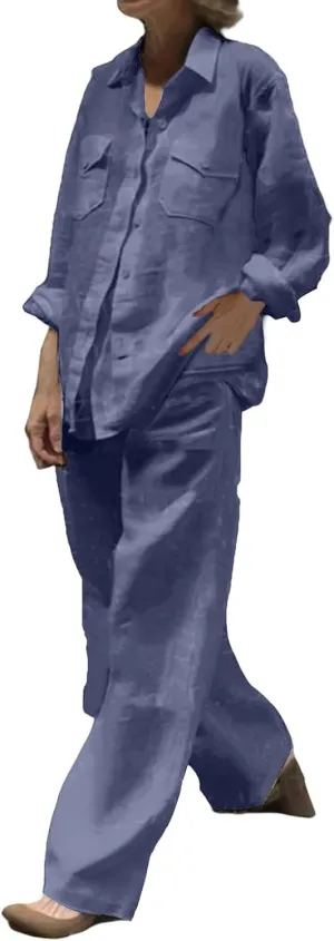 Linen Sets for Women 2 Piece Long Sleeve Button Down Top & Wide Leg Pants Sweatsuit Set Linen Pant Suits for Women