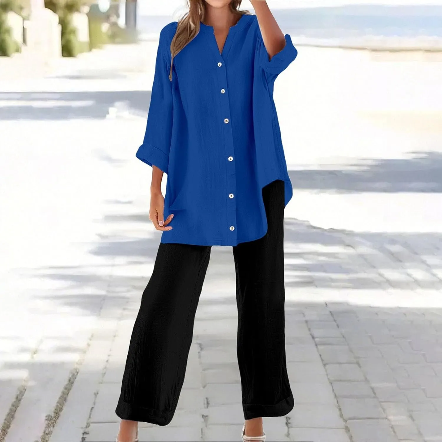 Linen Sets for Women 2 Piece Long Sleeve Button Down Top & Wide Leg Pants Sweatsuit Set Linen Pant Suits for Women