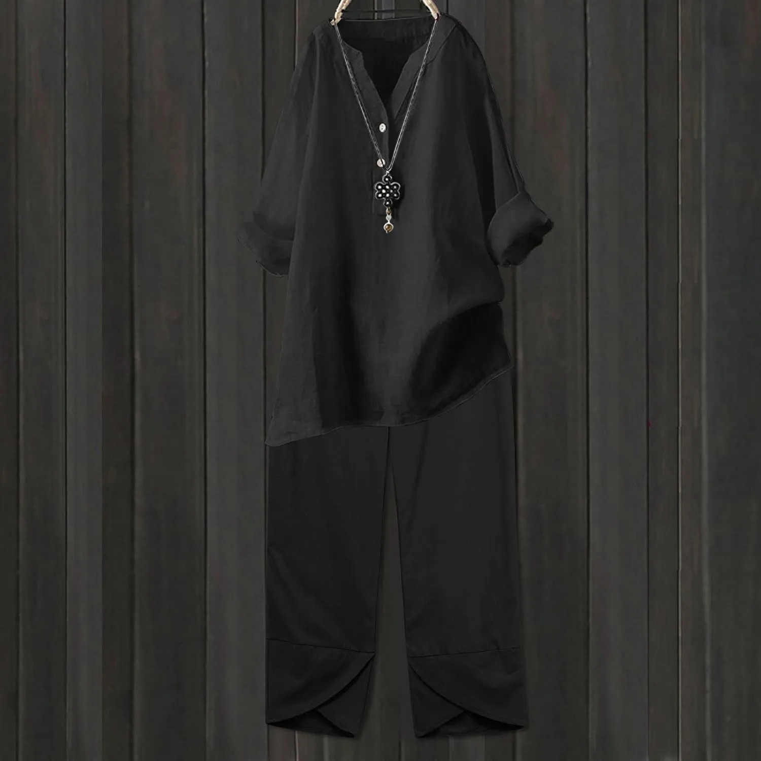 Linen Sets for Women 2 Piece Long Sleeve Button Down Top & Wide Leg Pants Sweatsuit Set Linen Pant Suits for Women