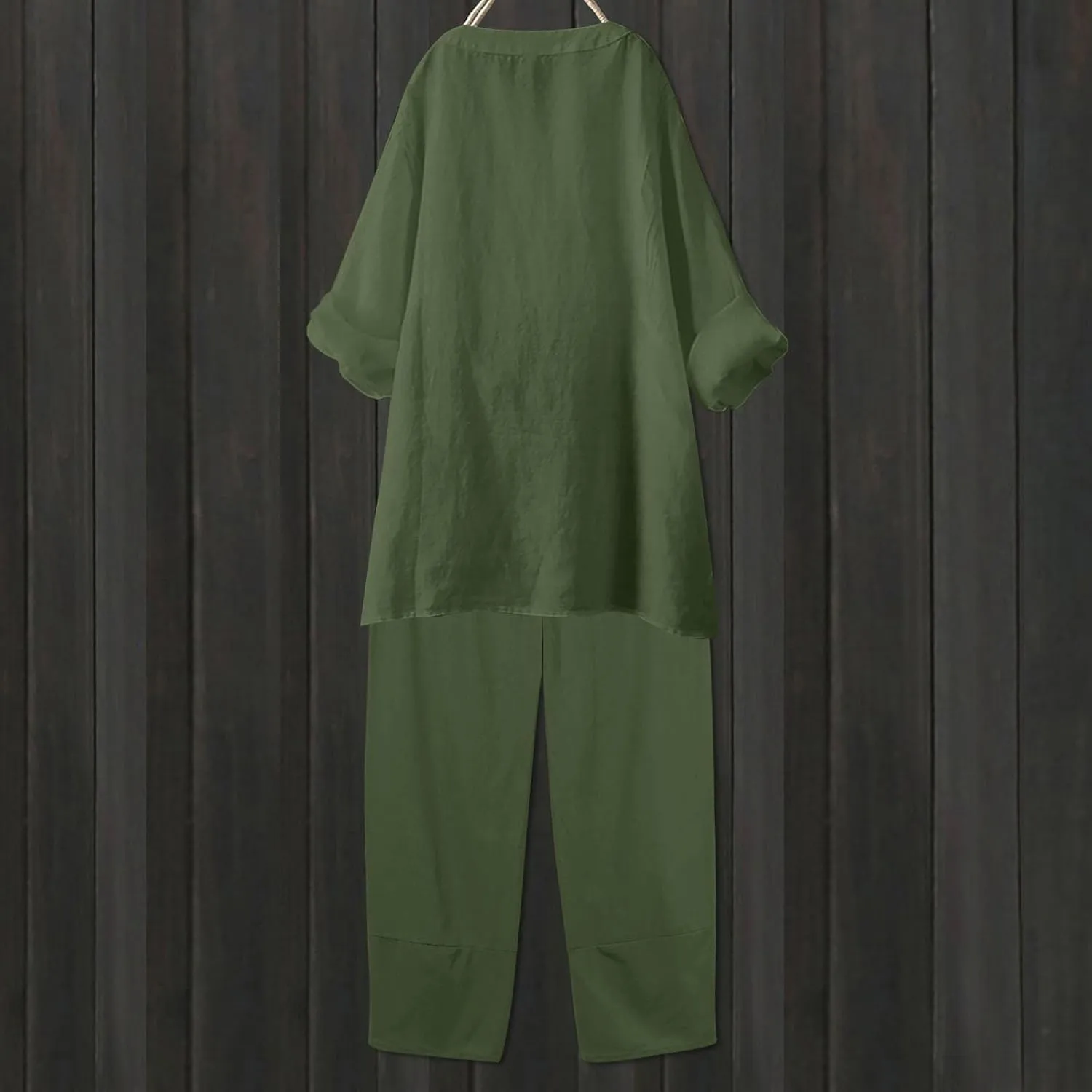 Linen Sets for Women 2 Piece Long Sleeve Button Down Top & Wide Leg Pants Sweatsuit Set Linen Pant Suits for Women