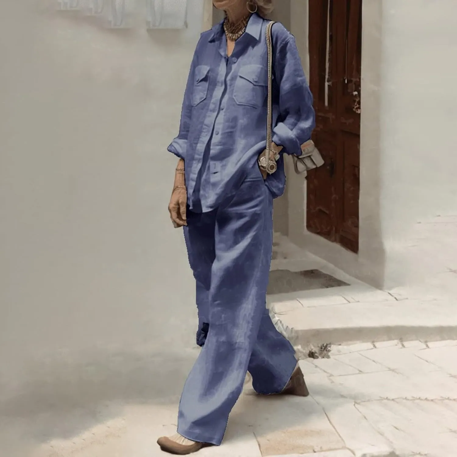 Linen Sets for Women 2 Piece Long Sleeve Button Down Top & Wide Leg Pants Sweatsuit Set Linen Pant Suits for Women