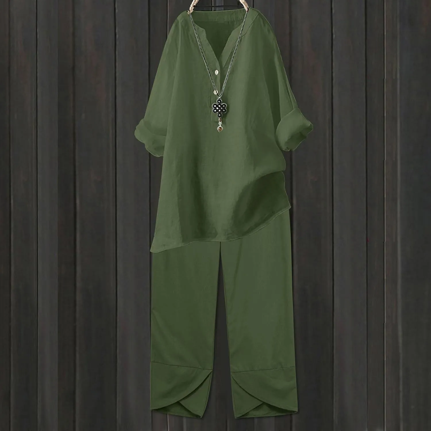 Linen Sets for Women 2 Piece Long Sleeve Button Down Top & Wide Leg Pants Sweatsuit Set Linen Pant Suits for Women
