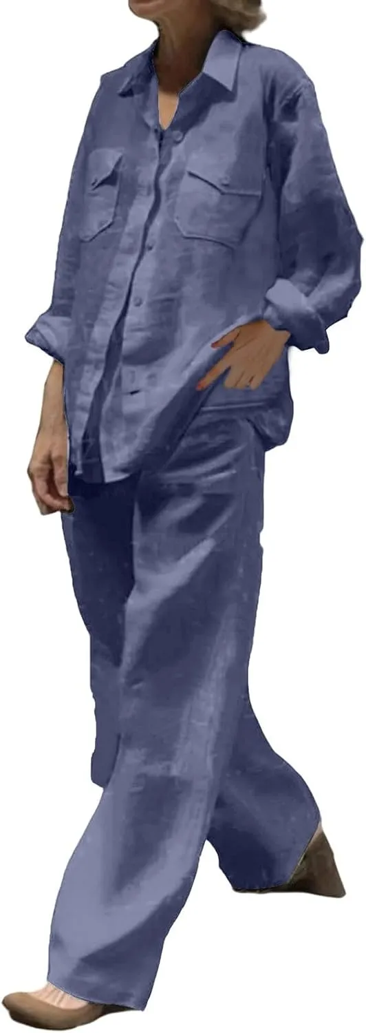 Linen Sets for Women 2 Piece Long Sleeve Button Down Top & Wide Leg Pants Sweatsuit Set Linen Pant Suits for Women