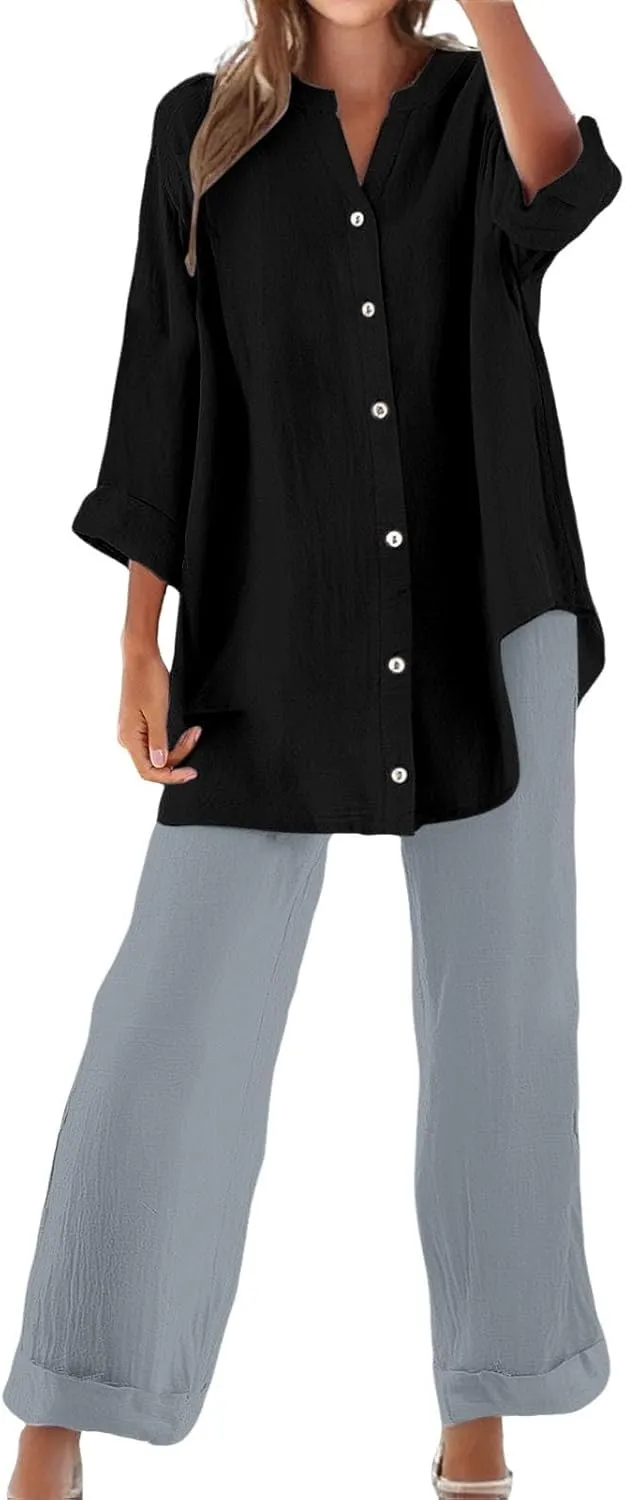 Linen Sets for Women 2 Piece Long Sleeve Button Down Top & Wide Leg Pants Sweatsuit Set Linen Pant Suits for Women