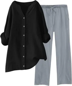 Linen Sets for Women 2 Piece Long Sleeve Button Down Top & Wide Leg Pants Sweatsuit Set Linen Pant Suits for Women