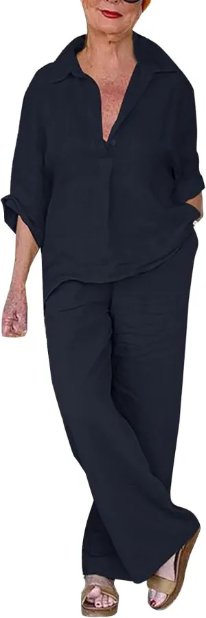 Linen Sets for Women 2 Piece Long Sleeve Button Down Top & Wide Leg Pants Sweatsuit Set Linen Pant Suits for Women