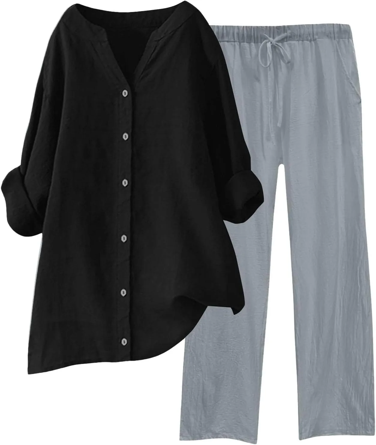 Linen Sets for Women 2 Piece Long Sleeve Button Down Top & Wide Leg Pants Sweatsuit Set Linen Pant Suits for Women