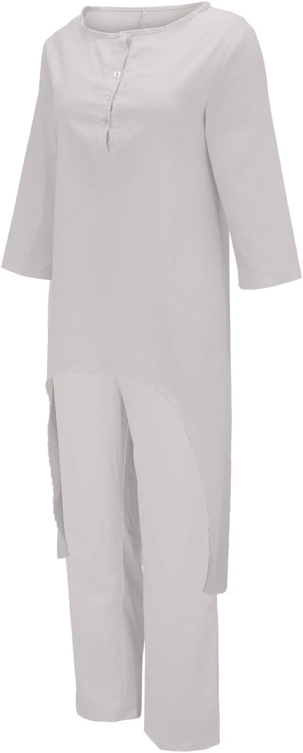 Linen Sets for Women 2 Piece Summer Linen Suit Pants Two Piece Long Sleeve Maxi Dress Wide Leg Pant Set Outfits