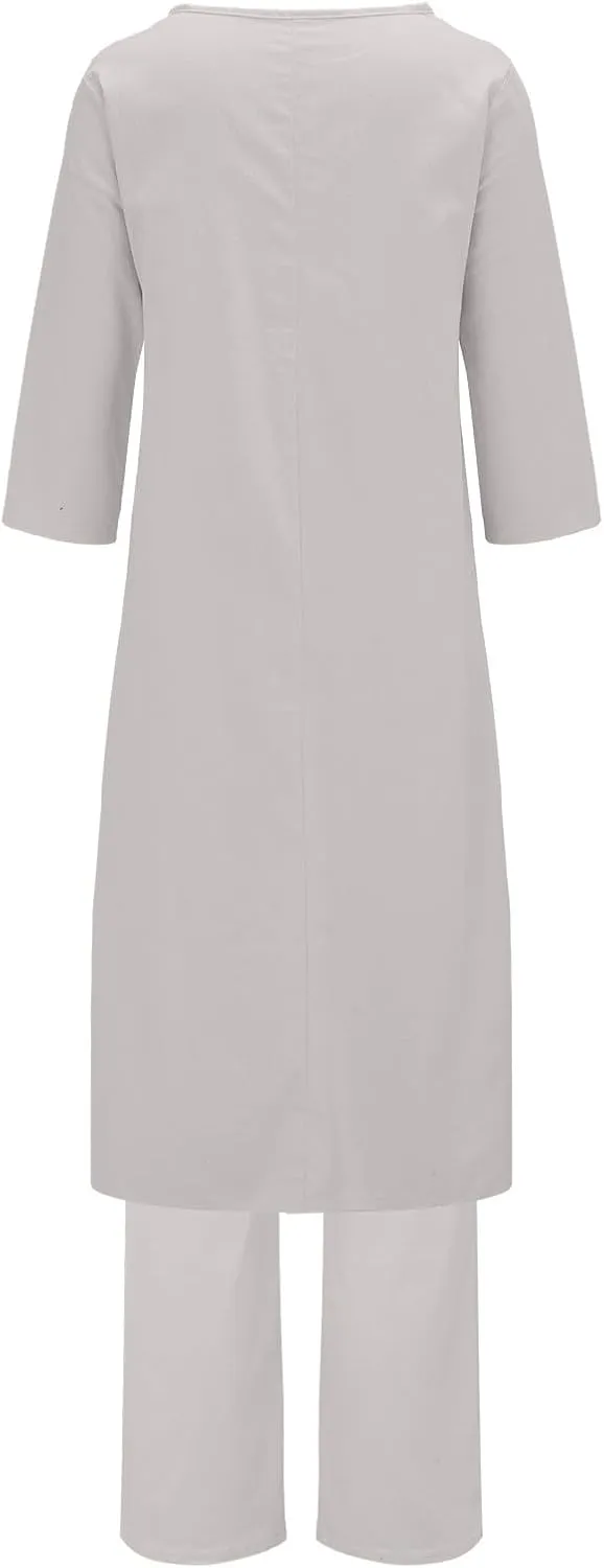 Linen Sets for Women 2 Piece Summer Linen Suit Pants Two Piece Long Sleeve Maxi Dress Wide Leg Pant Set Outfits