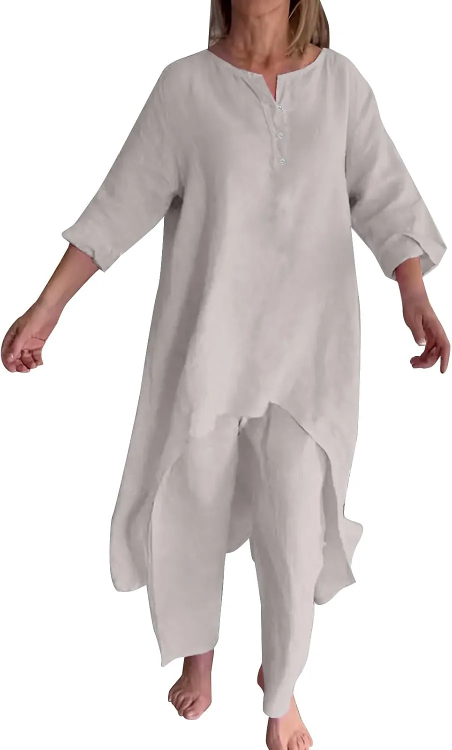 Linen Sets for Women 2 Piece Summer Linen Suit Pants Two Piece Long Sleeve Maxi Dress Wide Leg Pant Set Outfits