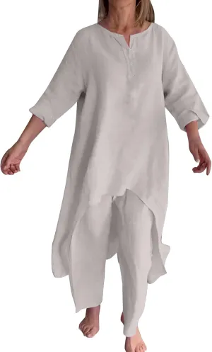 Linen Sets for Women 2 Piece Summer Linen Suit Pants Two Piece Long Sleeve Maxi Dress Wide Leg Pant Set Outfits