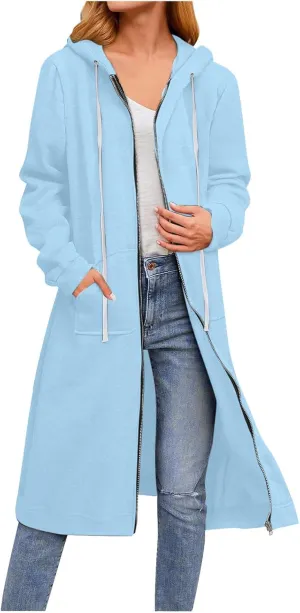 Long Jackets For Women Zip Up Hoodies Long Sleeve Fall Hooded Sweatshirt Coat Fashion Oversized Jacket With Pockets