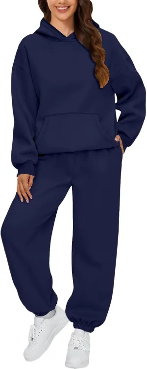 Lounge Sets for Women Solid Color Long Sleeved Hoodie Casual Sweatpants with Pockets 2 Piece Fall Outfits