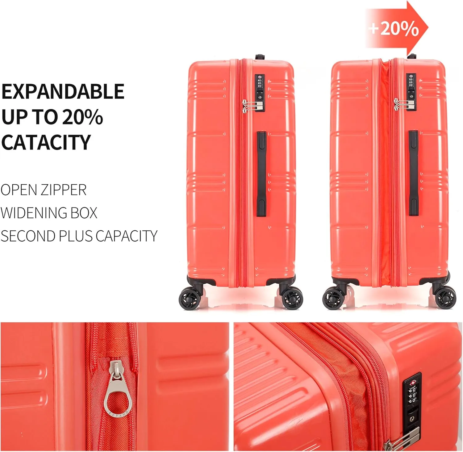 Luggage Set 3 Piece Set Suitcase set Spinner Hard shell Lightweight PC ABS with TSA Lock 20inch 24inch 28inch (coral)