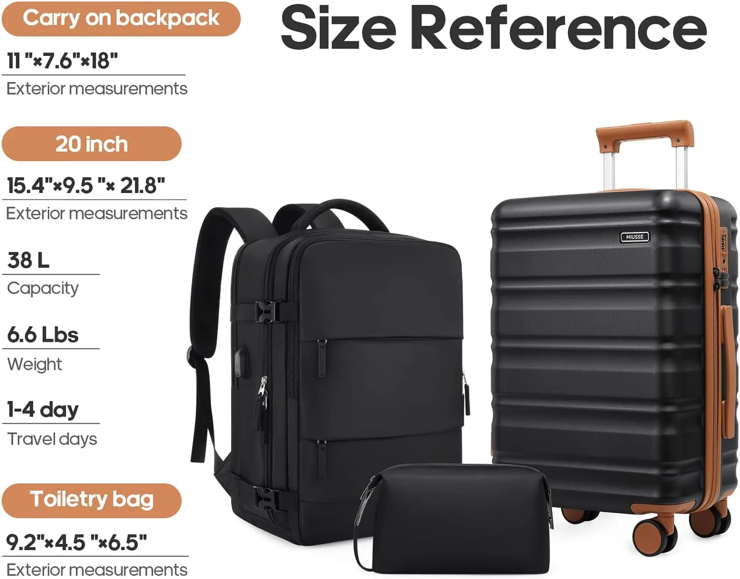 Luggage Set, 3 Piece Suitcase Collection (Black, 3 piece set)