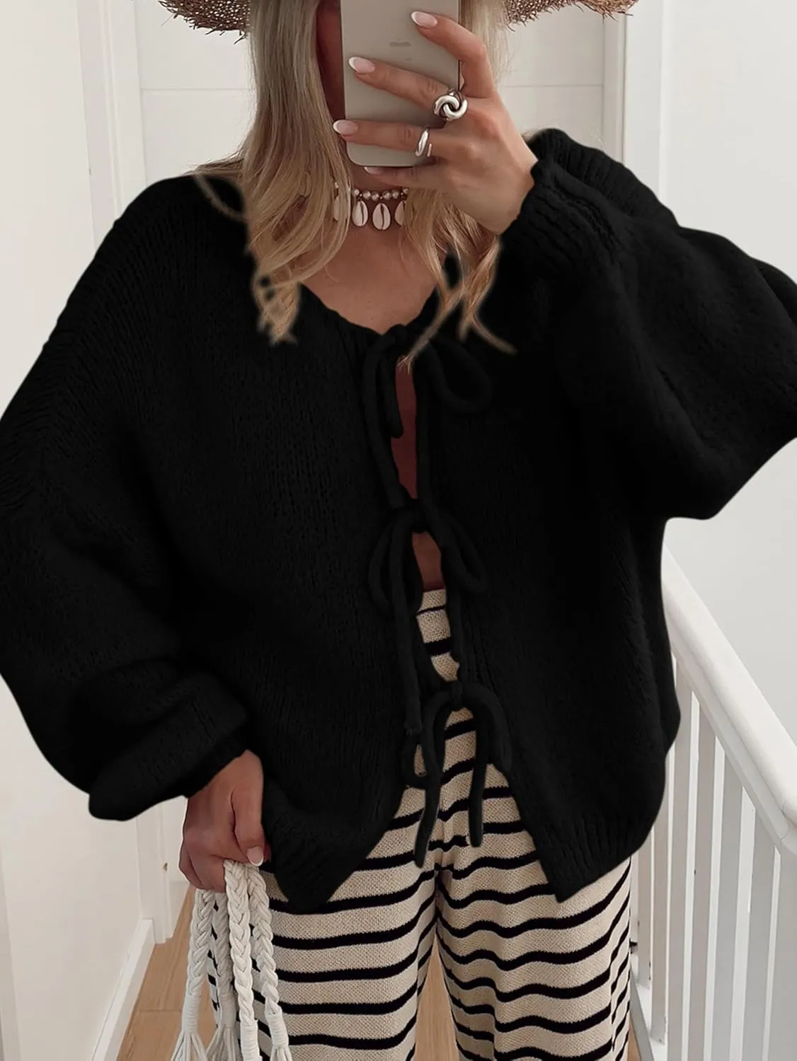 MASCOMODA 2025 Bow Tie Front Cardigan Sweaters for Women Fall Winter Oversized Long Sleeve Open Front Chunky Sweater Coats