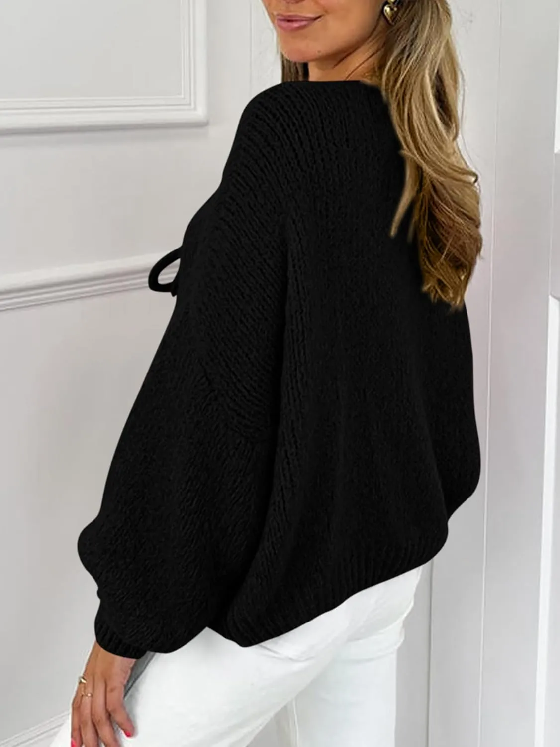 MASCOMODA 2025 Bow Tie Front Cardigan Sweaters for Women Fall Winter Oversized Long Sleeve Open Front Chunky Sweater Coats