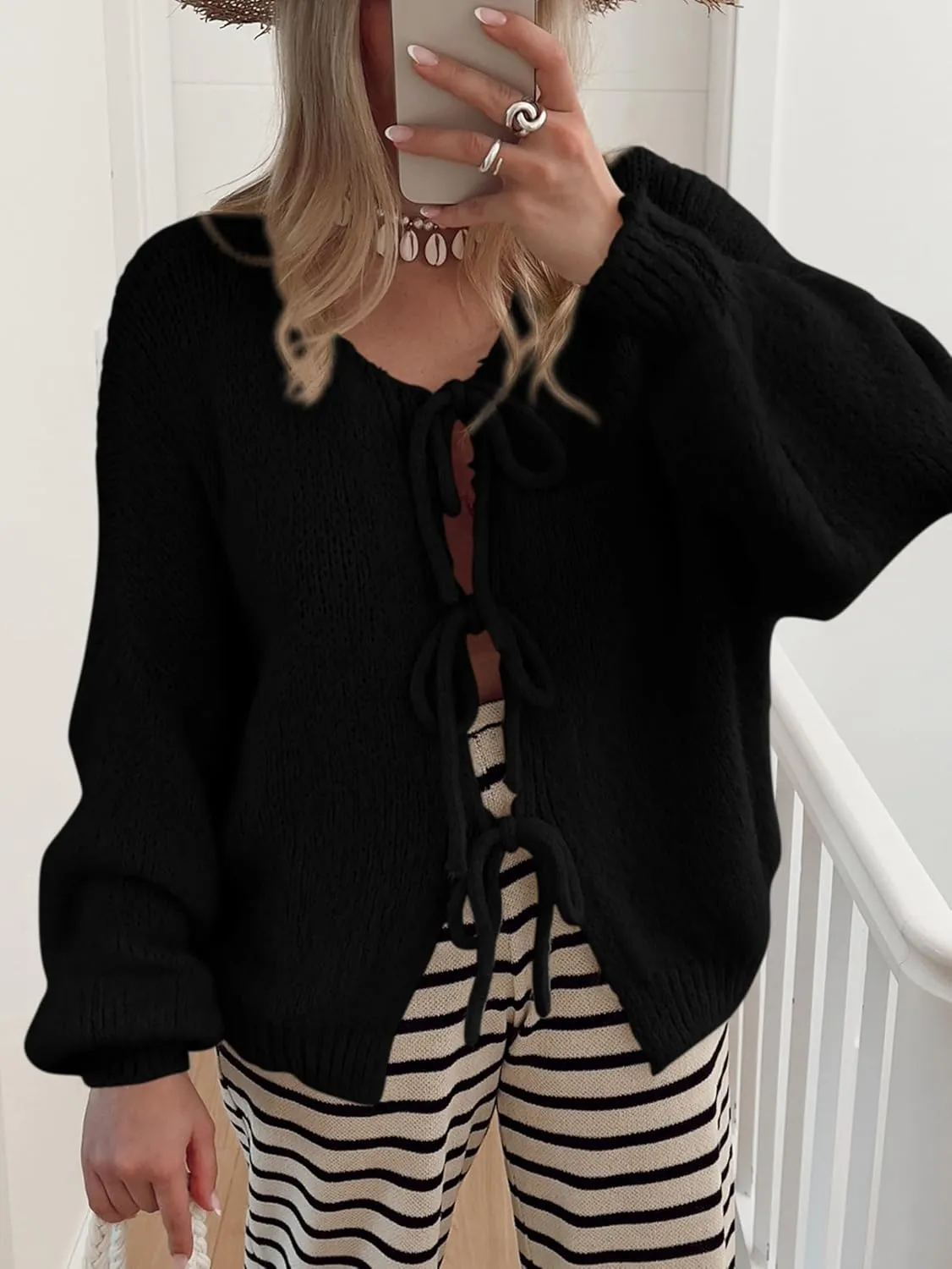 MASCOMODA 2025 Bow Tie Front Cardigan Sweaters for Women Fall Winter Oversized Long Sleeve Open Front Chunky Sweater Coats