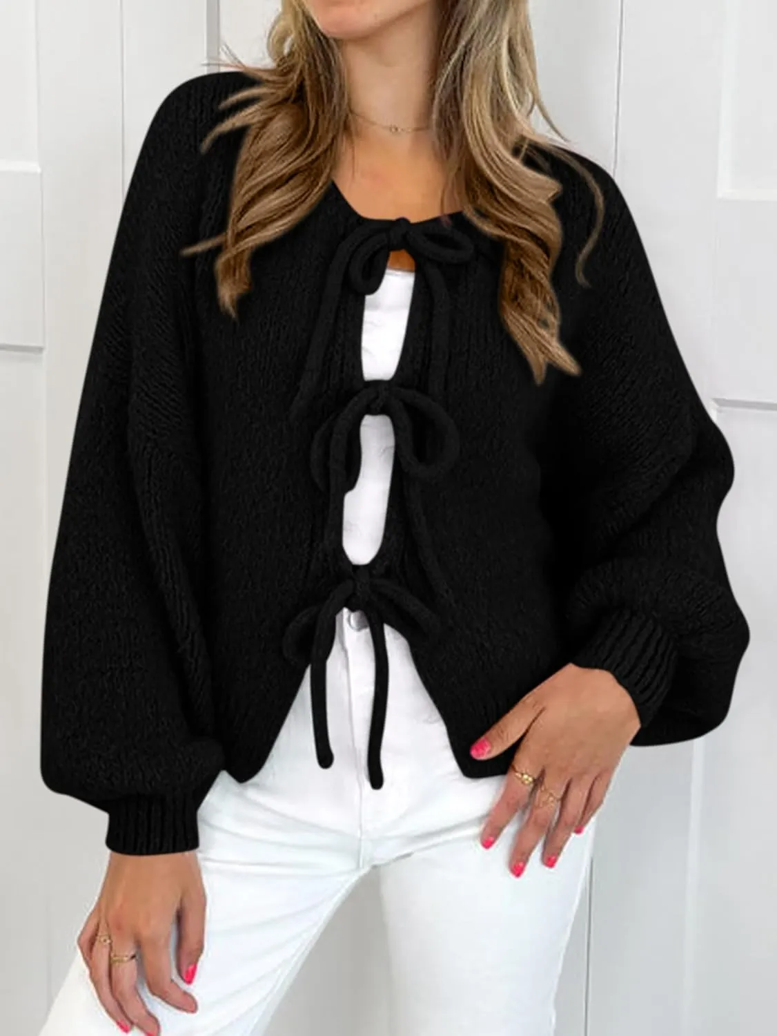 MASCOMODA 2025 Bow Tie Front Cardigan Sweaters for Women Fall Winter Oversized Long Sleeve Open Front Chunky Sweater Coats
