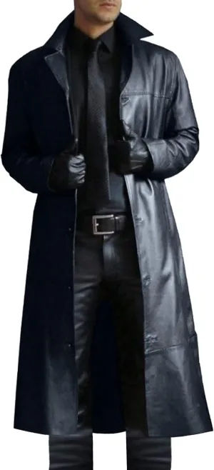 Men Faux Leather Trench Coat, Stylish Notch Stand Collar Detective Coat, Full Length Overcoat Solid Color Long Coat