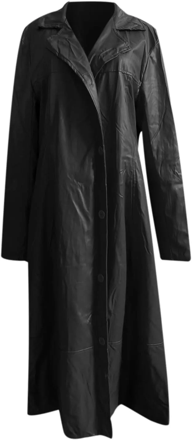 Men Faux Leather Trench Coat, Stylish Notch Stand Collar Detective Coat, Full Length Overcoat Solid Color Long Coat