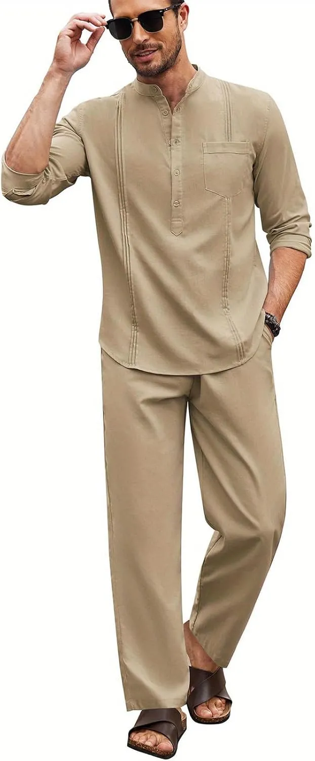 Men's 2 Piece Set Long Sleeve Casual Henley Shirts Loose Pants Set Lounge Vacation Outfits Summer Beach Set