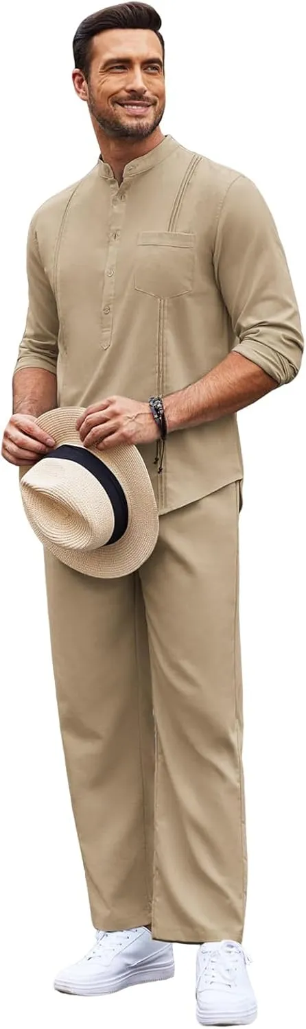 Men's 2 Piece Set Long Sleeve Casual Henley Shirts Loose Pants Set Lounge Vacation Outfits Summer Beach Set