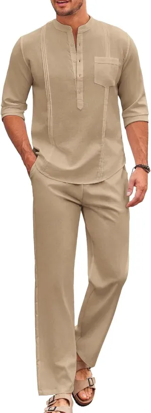 Men's 2 Piece Set Long Sleeve Casual Henley Shirts Loose Pants Set Lounge Vacation Outfits Summer Beach Set