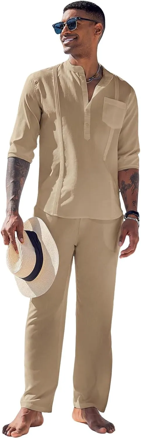 Men's 2 Piece Set Long Sleeve Casual Henley Shirts Loose Pants Set Lounge Vacation Outfits Summer Beach Set
