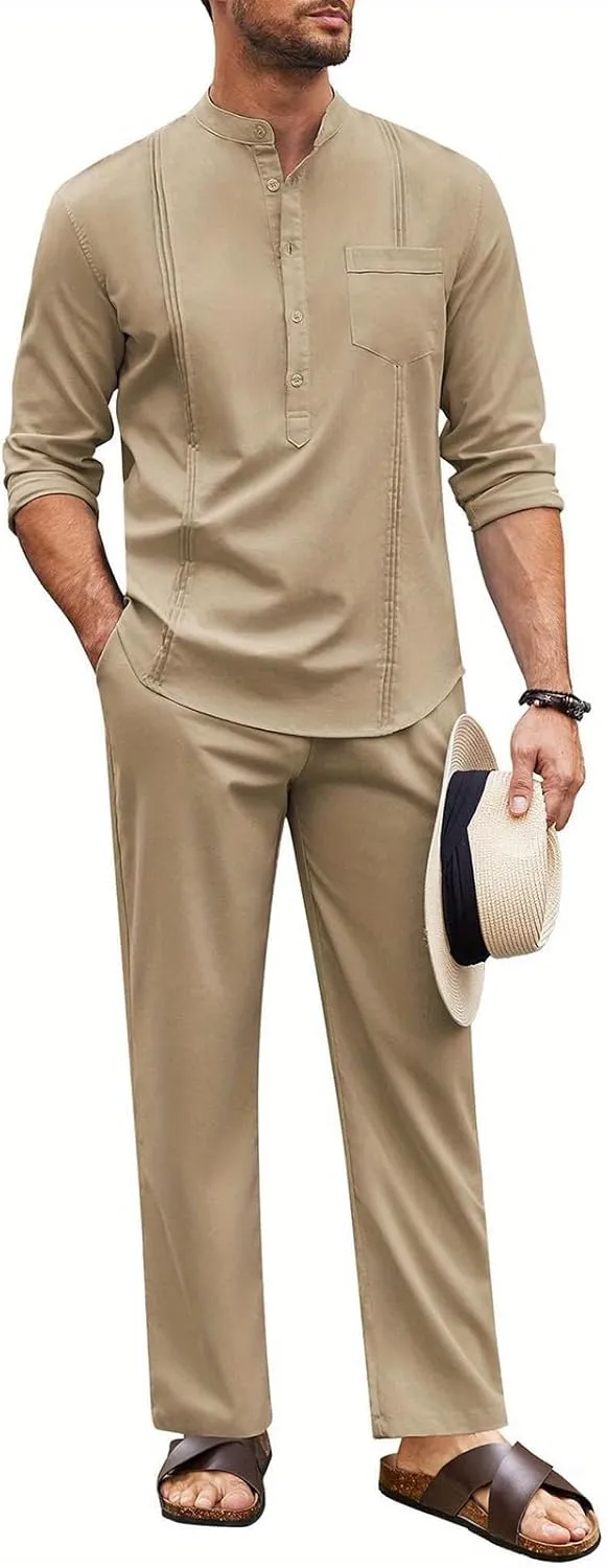 Men's 2 Piece Set Long Sleeve Casual Henley Shirts Loose Pants Set Lounge Vacation Outfits Summer Beach Set