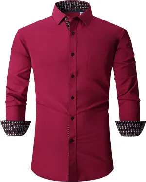 Men's Contrast Slim Long Sleeve Shirt Fit Casual Button Down Dress Shirt Collar Fashion Wrinkle-Resistant Shirt