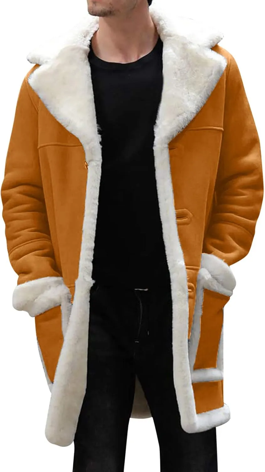 Mens Faux Leather Jacket Cozy Sherpa Fleece Lined Bomber Jackets Winter Coat Heavyweight Suede Faux Fur Trench Coat
