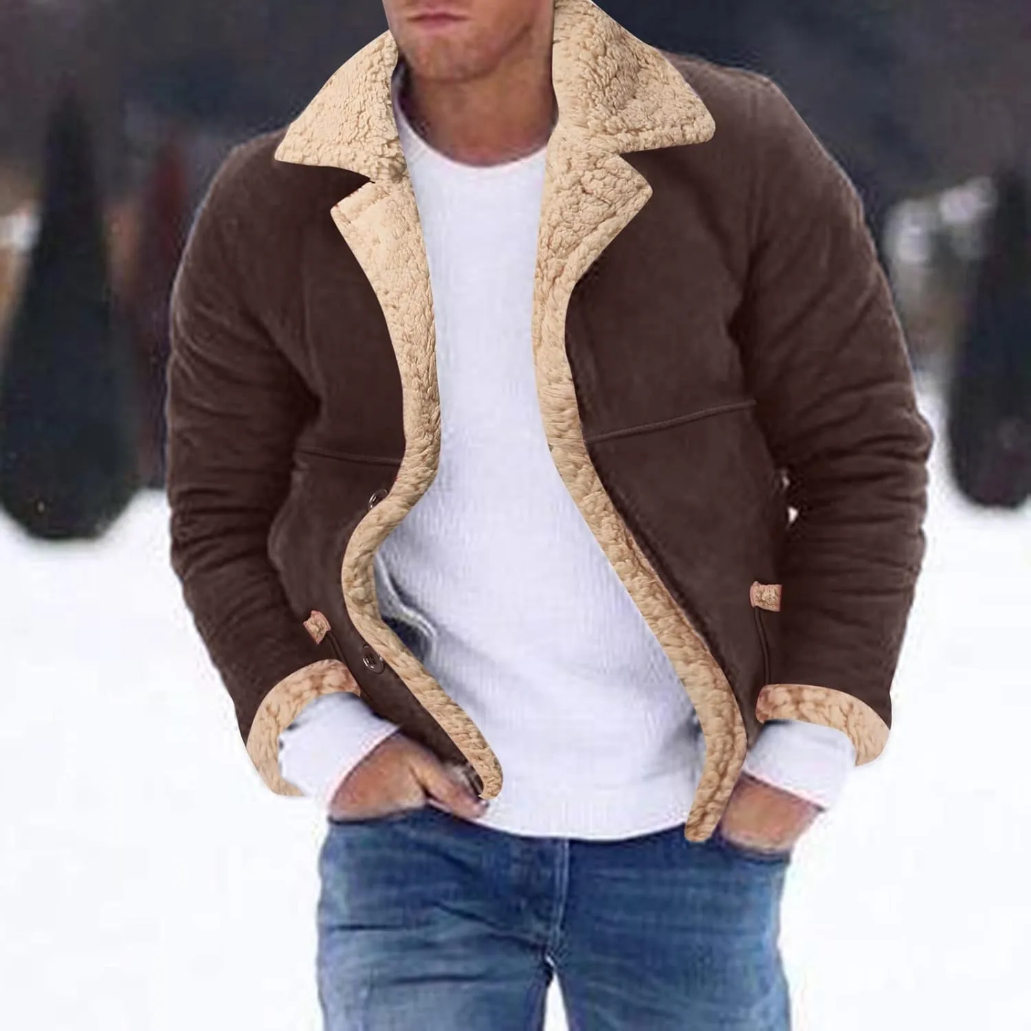 Mens Faux Leather Jacket Cozy Sherpa Fleece Lined Bomber Jackets Winter Coat Heavyweight Suede Faux Fur Trench Coat