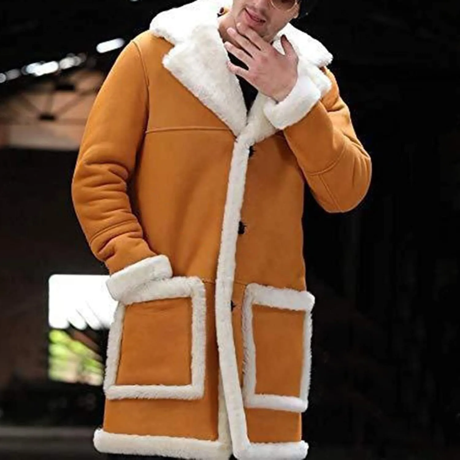Mens Faux Leather Jacket Cozy Sherpa Fleece Lined Bomber Jackets Winter Coat Heavyweight Suede Faux Fur Trench Coat