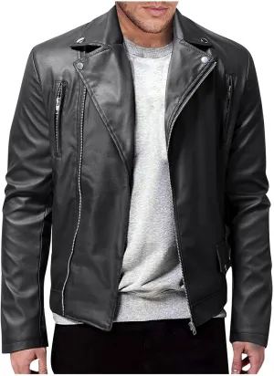 Men's Faux Leather Jacket Stand Collar Motorcycle Leather Jackets Casual Lightweight Zip Up Biker Coat